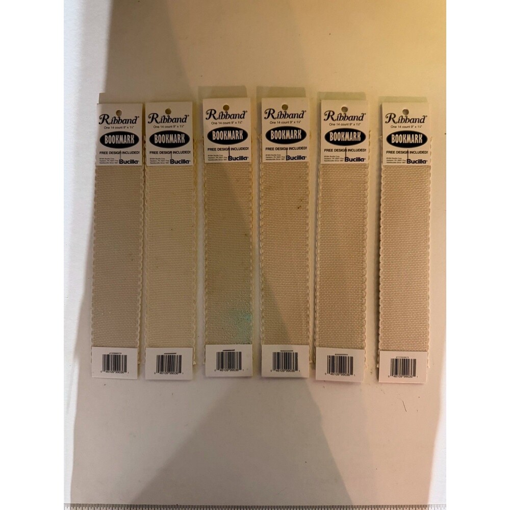 Lot 6 Bucilla Ribband Bookmark 14 Ct Off White Beige Colored Trim 9 x 1 7/8 LOVE